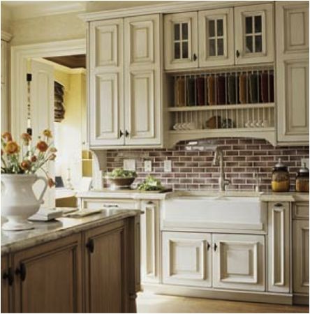 Kitchen Cabinet Door Ideas, Colored Cabinets, Color Cabinets, Cabinet Door Ideas, Decorative Molding, Sink Ideas, Apron Sink, Brick Backsplash, Plate Storage