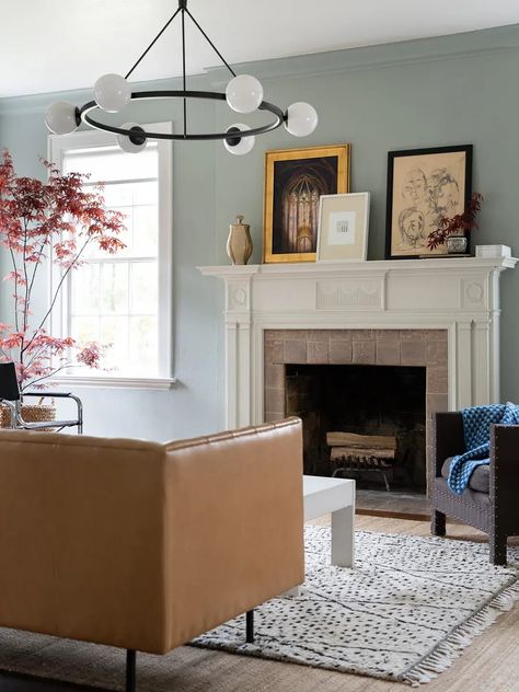 Pale Blue Living Room, Sky Blue Living Room, 1920s Tudor, Sitting Ideas, Trendy Sofa, Brown Leather Couch, White Molding, Living Room Setup, Brown Leather Sofa