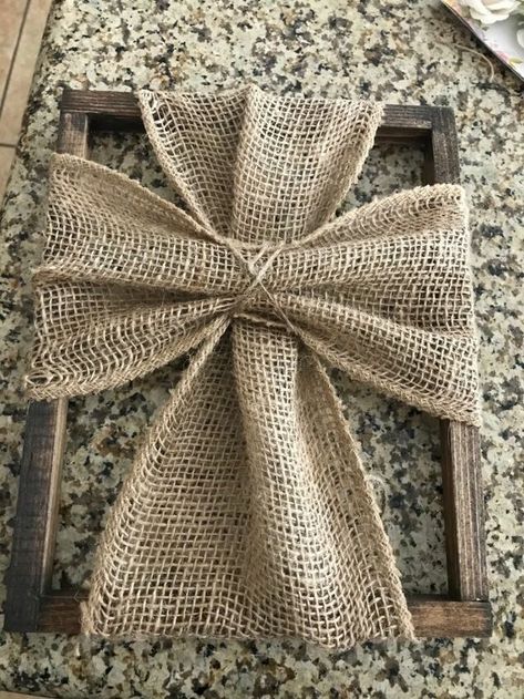 Burlap Cross On Frame, Picture Frame Cross, Idea Prompts, Diy Crosses, Cross Wreath Diy, Burlap Cross, Handmade Wood Crafts, Cross Wall Art, How To Make Frames