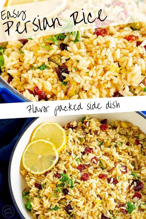 This gloriously flavored and fabulously beautiful Jeweled Persian Rice Pilaf makes the most superb side dish. The basmati rice is soft and fluffy and cooked in stock to give it a great depth of flavor. It is lightly spiced with cinnamon, cumin, and cardamom, then finished with cranberries, lemon, and pistachio. This makes a wonderful side for lamb and chicken. Or serve it with fish for something a little bit different. If you are new to Iranian food this is a great place to start. Middle Eastern Rice Pilaf, Persian Rice Recipe Basmati, Lamb Sides, Lamb Side Dishes, Persian Rice, Rice Side Dish Recipes, Persian Recipes, Tagine Recipes, Vata Dosha