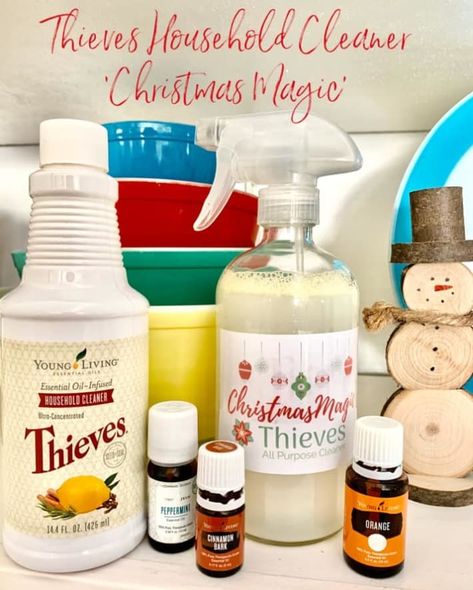 Christmas Magic Thieves Household Cleaner Recipe and FREE Printable Labels! - Cloves and Citrus Thieves Household Cleaner Recipe, Thieves Cleaner Recipe, Thieves Cleaner, Thieves Household Cleaner, Essential Oils 101, Young Living Essential Oils Recipes, Essential Oils Guide, Essential Oils Cleaning, Oil Remedies