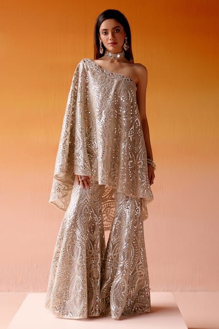 Buy Grey Net Embroidered Mirror Straight Flared Cape For Women by Twenty Nine Online at Aza Fashions. Indian Pantsuit, Cape Dress Indian, Indo Western Outfits For Women, Desi Fits, Cape For Women, Eastern Fashion, Pant Suits For Women, Pant For Women, Lehenga Blouse