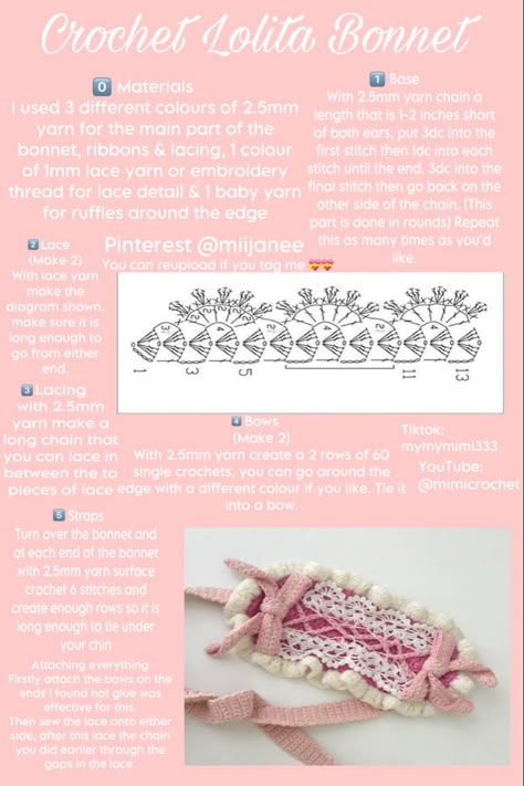 Couqutte Crochet Idea, Kawaii Crochet Clothes Pattern Free, Crochet Lace Bonnet, Crochet Patterns Coquette, Coquette Crochet Patterns Free, Bonnet Crochet Pattern Free, Rococo Crochet, Croquette Crochet, Crochet Bonnet Free Pattern