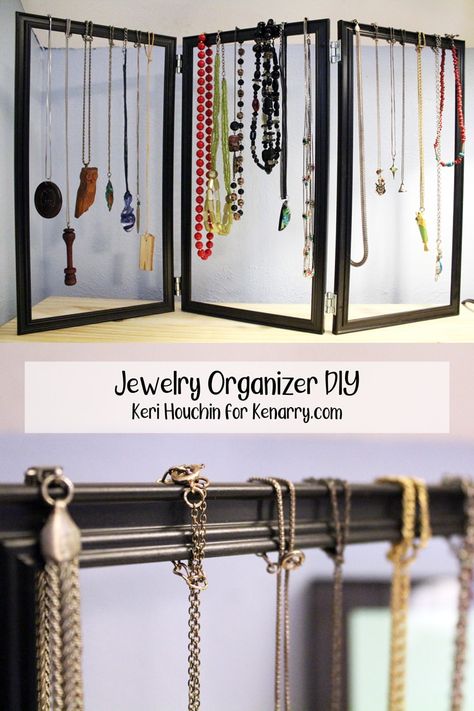 Make a simple DIY jewelry organizer stand with a trio of dollar store picture frames for a pretty and practical way to display your necklaces and other jewelry. #jewelrystand #dollarstoreproject #kenarry #ideasforthehome Jewellery Organizer Diy, Diy Jewelry Stand, Diy Necklace Holder, Diy Jewelry Organizer, Boho Jewelry Diy, Vintage Jewelry Diy, Bright Jewelry, Diy Jewelry To Sell, Jewelry Organizer Stand