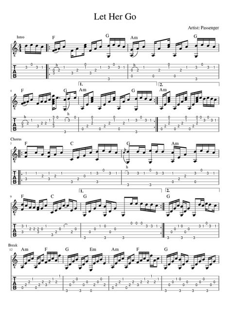 Let Her Go - Passenger - FINGERSTYLE GUITAR Guitar Sheet Music Fingerstyle, Guitar Fingerstyle Tab, Fingerstyle Guitar Tabs, Let Her Go Guitar, Ukulele Tabs Songs, Guitar Fingerstyle, Fingerstyle Guitar Lessons, Guitar Tabs Acoustic, Guitar Tabs And Chords