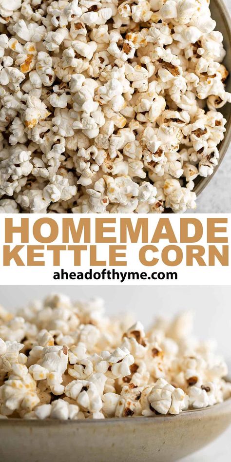 Say goodbye to store-bought popcorn and hello to Homemade Kettle Corn instead. It is quick and easy to make with just 4 ingredients, satisfies sweet-and-salty cravings, and will delight family and friends of all ages. Serve it on special occasions or for everyday snacking. This crunchy sweet and salty kettle corn that rivals even the best fairs, festivals, and movie theatres. It takes just a few minutes to prep the kernels before watching them pop. | aheadofthyme.com #kettlecor via @aheadofthyme Fancy Popcorn, Nutritional Yeast Popcorn, Homemade Kettle Corn, Kettle Corn Recipe, Vegan Popcorn, Kettle Popcorn, How To Make Popcorn, Apple Chips Baked, Stovetop Popcorn