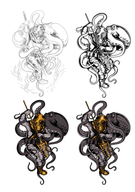 Deep Diver Tattoo, Poseidon Tattoos, Deep Sea Diver Art, Aquatic Tattoo, Diver Tattoo, Kraken Tattoo, Diver Art, Poseidon Tattoo, Dove Tattoos