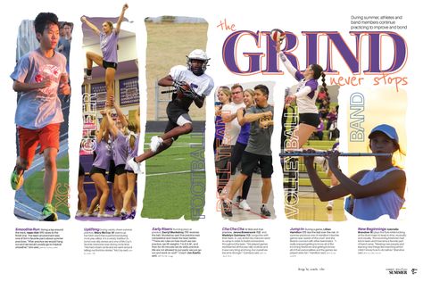 Yearbook Intro Page Ideas, Yearbook Club Spreads, Yearbook Inspo Pages, Creative Magazine Cover Design, Yearbook Showstopper Ideas, Creative Yearbook Spreads, Cross Country Yearbook Spread, Yearbook Page Layout Ideas, Cheer Yearbook Spread