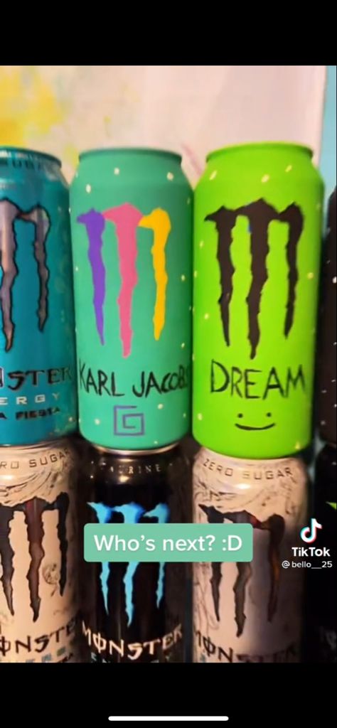 Monster Can Painting Ideas, Dsmp Room Decor Ideas, Monster Energy Drink Can Crafts, Monster Can Room Decor Ideas, Monster Cans Room Decor, Painting Monster Cans, Monster Light Can, Mcyt Crafts, Splatoon Crafts