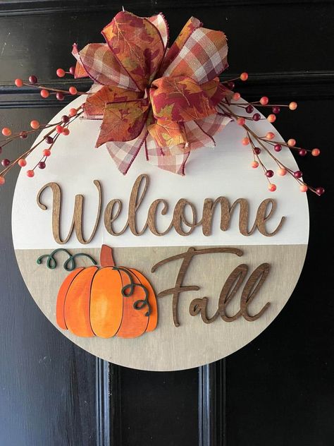 40 Fall Decor Front Door Ideas Fall Front Door Decor, Fall Door Hanger, Door Signs Diy, Wooden Door Hanger, Front Door Sign, Fall Door Hangers, Signs Diy, Round Wood Sign, Fall Front Door