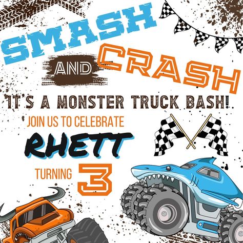 Smash and crash it’s Rhett’s monster truck bash!! 🛻 💥 R and his friends went to the splash pad and park yesterday and played their little hearts out! We had so much fun 💦🤩 ✉️ Invites : Huntress Momma Designs @huntressmomma 🍪 Cookies : Larissa Codr @larissacodr / The Finicky Cookie @thefinickycookie 🎂 Cake : Stacey Kinzle @fitishmomof22 / Stella’s Delights @stellas_delights • birthday, monster truck, monster truck jam, cookies, cake, presents, happy birthday, birthday boy, boy mom, boys, ... Smash And Crash It’s A Monster Truck Bash, 3rd Birthday Party Themes, Birthday Party Themes For Boys, Monster Truck Jam, 3rd Birthday Party, Jam Cookies, Party Themes For Boys, Cookies Cake, Fun Invitations