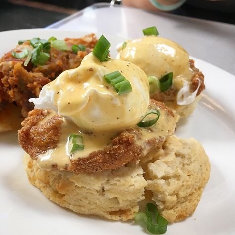 Fried Chicken Benedict over Cream Biscuits Fried Chicken Benedict, Chicken Benedict, Cream Biscuits, Chicken And Biscuits, Hollandaise Sauce, Birthday Dinner, Birthday Dinners, Chicken Tenders, Eggs Benedict