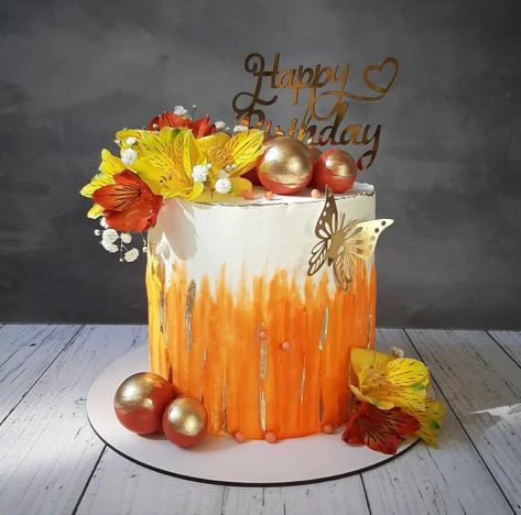 Orange And Gold Cake, Orange Cake Decoration Ideas, Orange And Yellow Cake, Orange Colour Cake, Orange Color Cake Birthday, Orange Theme Cake, Orange Color Cake, Orange Cake Decoration, Orange Birthday Cake