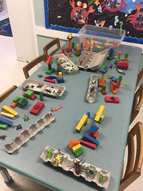 Spring Table Top Activities, Pre K Provocations, Reggio Bug Activities, Preschool Table Top Activities, Block Play Preschool, Kindergarten Invitations, Provocations Kindergarten, Bug Activity, Provocation Ideas