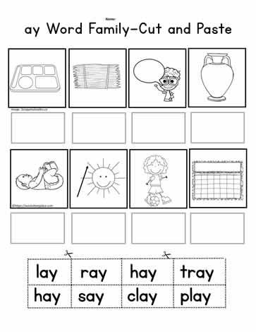 ay Word Family Cut and Paste Ay Word Family, Vowel Team Words, Word Families Printables, Kindergarten Word Families, First Grade Words, Kinder Worksheets, Phonics Activity, Cvc Worksheets, Word Family Worksheets