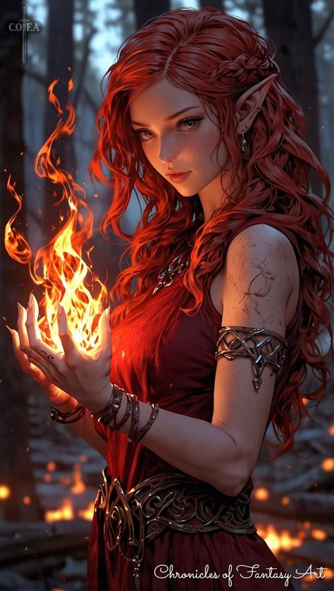 Fire Elf Female, Red Hair Elf Female, Character Design Red Hair, Fire Elemental Female, Female Character Inspiration Red Hair, Female Elf Art, Fire Sorceress, Red Hair Elf, Dnd Elf