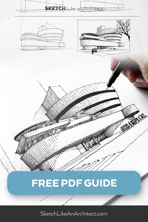 Guggenheim Museum Sketch, Museum Sketch, Perspective Tutorial, Tutorial Sketch, Building Forms, Organic Building, Museums In Nyc, Types Of Concrete, Architect Drawing