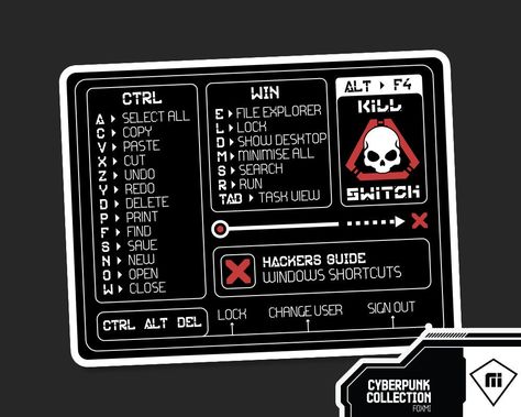 "These Hi-Tech Cyberpunk Stickers are a great addition to your laptop, cyberpunk PC build or Deck. Remember your windows shortcuts with this cool, cyber aesthetic cyberpunk decal which is perfect to place on your laptop, in your notebooks and more!  Great when combined with our other cyberpunk stickers to create the perfect hacker aesthetic.  This sticker is an original design by Foxmi, created entirely in vector format to ensure the sticker is crisp no matter the size with no blurring. Each sticker is roughly 2-3\", 3-4\" and 5-5.5\" wide (Including White Border). For this sticker we recommend 4\"+ due to small text. Please Note: These stickers are NOT waterproof and are intended for Indoor Use. Add that Hacker aesthetic to your kit today. * High opacity film that's impossible to see thro Cyberpunk Hud, Cyberpunk Stickers, Tech Cyberpunk, Windows Shortcuts, Cyberpunk Tech, Cyberpunk Design, Gfx Design, Hacker Aesthetic, Pc Build