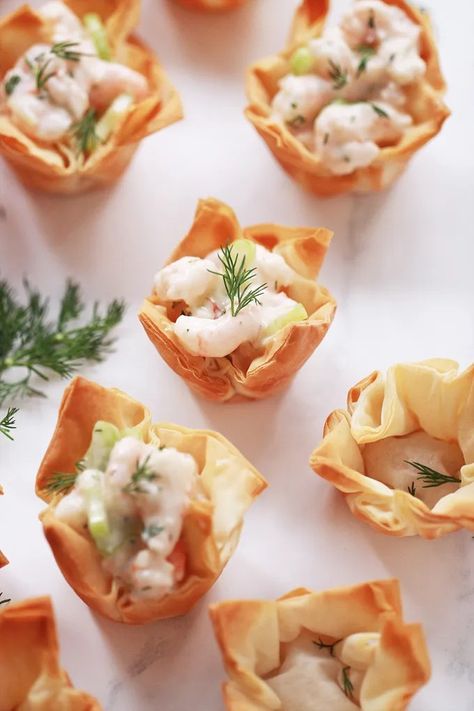 Phyllo Bites, Easy Delicious Appetizers, Phyllo Recipes, Phyllo Cups, Shrimp Appetizers, Phyllo Dough, Frozen Puff Pastry, Shrimp Salad, Perfect Appetizers