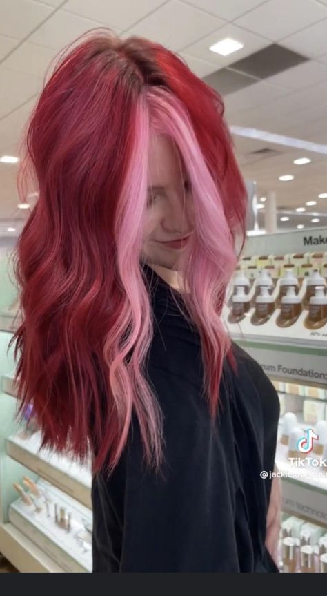 Pink Hair For Dark Hair, Dark Pink To Light Pink Hair, Red And Light Pink Hair, Dark And Light Pink Hair, Half Pink Half Red Hair, Pink And Red Hair Dye, Red And Pink Split Dye, Dark Red And Pink Hair, Red Hair With Pink Money Piece