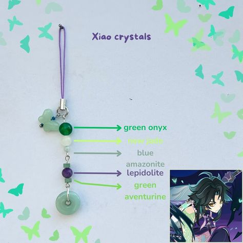 Xiao phone charm with green onyx, new jade, blue amazonite, lepidolite and green aventurine 🦋 ★彡[ꜱʜᴏᴘ ʟɪɴᴋ ɪɴ ʙɪᴏ]彡★ Handmade with ʀᴇᴀʟ ᴄʀʏꜱᴛᴀʟꜱ. ˚ ༘♡ ⋆｡˚𝓲𝓰𝓷𝓸𝓻𝓮 𝓽𝓱𝓮 𝓽𝓪𝓰𝓼 ˚ ༘♡ ⋆｡˚ #genshin #genshinimpact #genshinimpactedit #genshinimpactfanart #genshinimpactmihoyo #mihoyo #hoyolab #handmade #beads #explore #explorepage #navia #yaemiko #raidenshogun #hutao #fyp #phonecharm #phonestrap #smallbiz #smallbusiness #beads #xiao #furina #xianyun #neuvillette #venti #nahida #zhongli #kazuha Genshin im... Kazuha Genshin, Genshin Cosplay, Phone Charms, Green Onyx, Handmade Beads, Phone Charm, Green Crystals, Green Aventurine, Handmade Shop