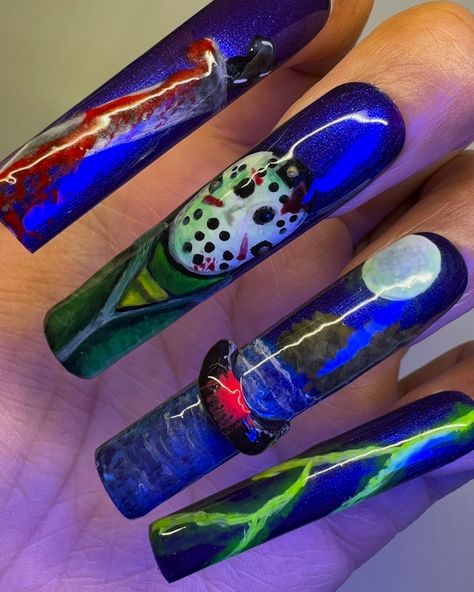 retro/neon friday the 13th halloween nails 🏕️🩸🔪👻 #nailart #handpaintednailart #halloweennails #fridaythe13thnails #gelnailart #nailartist Friday The 13th Nails, Jason Nails, Step By Step Nail Art, Halloween Nail Art Tutorial, Spooky Nail, Retro Neon, Nail Tutorial, Happy October, Painted Nail Art