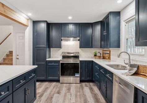 2025 Kitchen Cabinet Color Trends - RTA Cabinet Blog Rta Cabinets Kitchens, Midnight Blue Kitchen, Blue Shaker Cabinets, Kitchen Cabinet Color, Kitchen Tools Design, Free Kitchen Design, Rta Kitchen Cabinets, Blue Kitchen Cabinets, Rta Cabinets