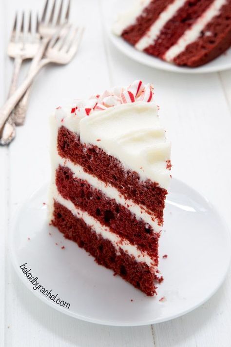 Yule Treats, Red Velvet Layer Cake, Holiday Cake Recipes, Peppermint Treats, Peppermint Cake, Cheese Frosting Recipe, Baking List, Cake Slices, Peppermint Cream