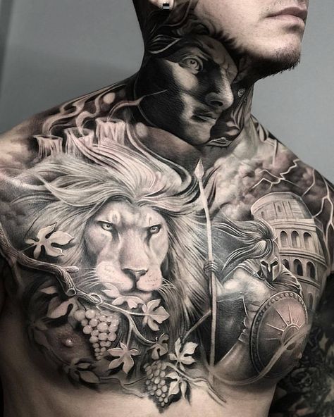 Perseus Tattoo, Husband Tattoo, Gladiator Tattoo, Spartan Tattoo, Chicano Tattoos, Cool Chest Tattoos, Chest Tattoos, Neck Tattoo For Guys, Chest Piece Tattoos