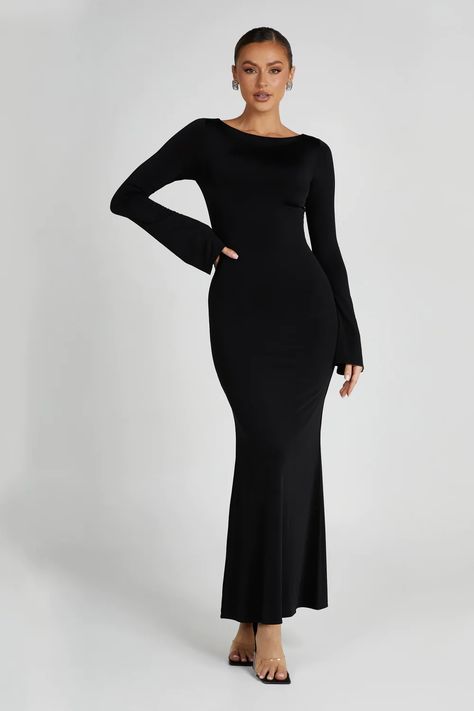 Wedding Collection | Bridal, Bridesmaid & Guest Dresses - MESHKI U.S Fishtail Maxi Dress, Flare Sleeves, Date Night Dresses, Boat Neckline, Crepe Dress, Club Dresses, Modest Dresses, Black Maxi Dress, Flared Sleeves