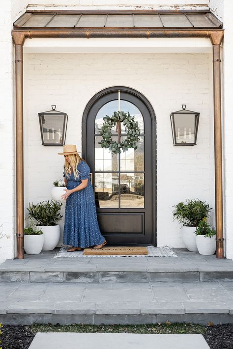 The McGee's Summer Front Door Look - Studio McGee Mcgee And Co Front Porch, Studio Mcgee Porch, Studio Mcgee Front Door Colors, Front Door Lights Exterior, Outside Lights Front Door, Mcgee Front Porch, Front Door Planters Entrance, Summer Planters Front Door, Front Door Lighting Exterior