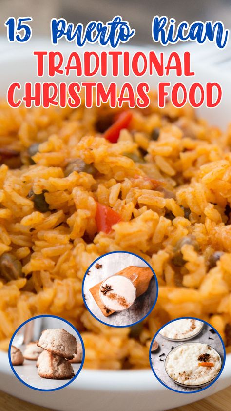 Close-up of arroz con gandules surrounded by Puerto Rican holiday desserts like coquito, coconut macaroons, and arroz con dulce, showcasing traditional Christmas foods perfect for festive celebrations. Puerto Rican Baked Chicken Recipes, Puerto Rican Dips, Portarican Food Puerto Rico, Puerto Rican Christmas Decorations, Puerto Rican Vegetable Recipes, Puerto Rican Pasteles Recipe, Puerto Rican Thanksgiving Dinner, Puerto Rican Christmas Recipes, Puerto Rican Appetizers Parties