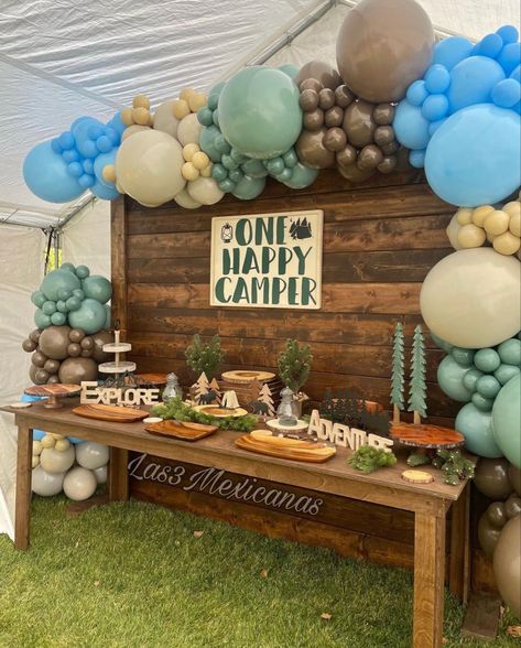 Woods First Birthday Party, Camping Themed 1st Birthday Party, 1st Birthday Nature Theme, First Birthdays For Boys, Outdoor Theme First Birthday Party, Baby’s First Birthday Theme Boy, First Birthday Outdoor Theme, Mountain Theme First Birthday, Outdoors Themed Birthday Party