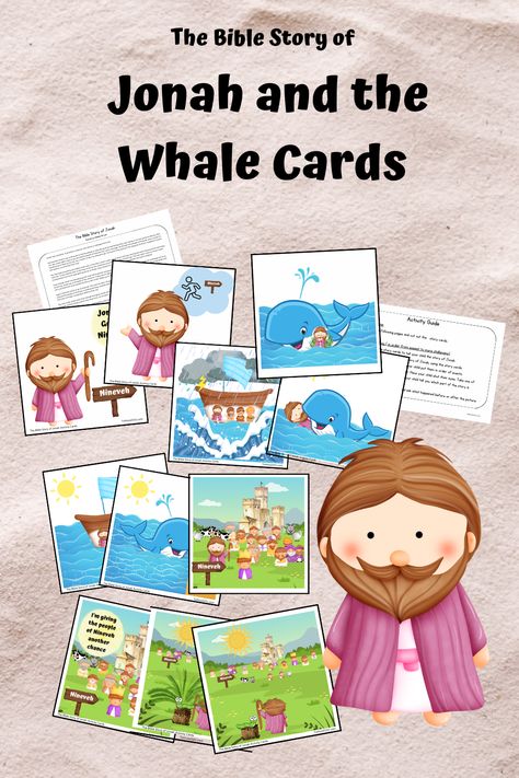 Jonah and story cards Jonah And The Whale Preschool, Whale Preschool, Jonah And The Whale Activities, Jonah Bible Story, Whale Activities, Jonah Bible, Whale Crafts, Preschool Bible Lessons, Toddler Lessons