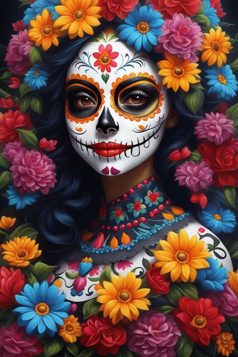 Color Drawings Easy, Mexican Flower Painting, Black And White With Pop Of Color, Mexican Sugar Skull Art Beautiful, Day Of The Dead Painting, Sugar Skull Art Painting, Gem Painting, Sugar Skull Painting, Colorful Skull Art