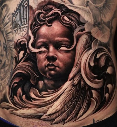 Tattoo Chicano Style, Cherubim Angels Tattoo, Cherub Tattoo Designs, Big Tattoos, Aztec Drawing, Chicano Tattoos Sleeve, Cherub Tattoo, Christ Tattoo, Mexican Art Tattoos