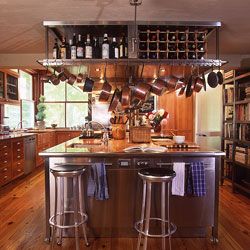 Awesome island! Love the wine storage! Historic Kitchen, Inside Decor, Overhead Storage, Kitchen Pantry Design, Big Kitchen, Ideas Food, Pot Rack, Pantry Design, Wine Racks