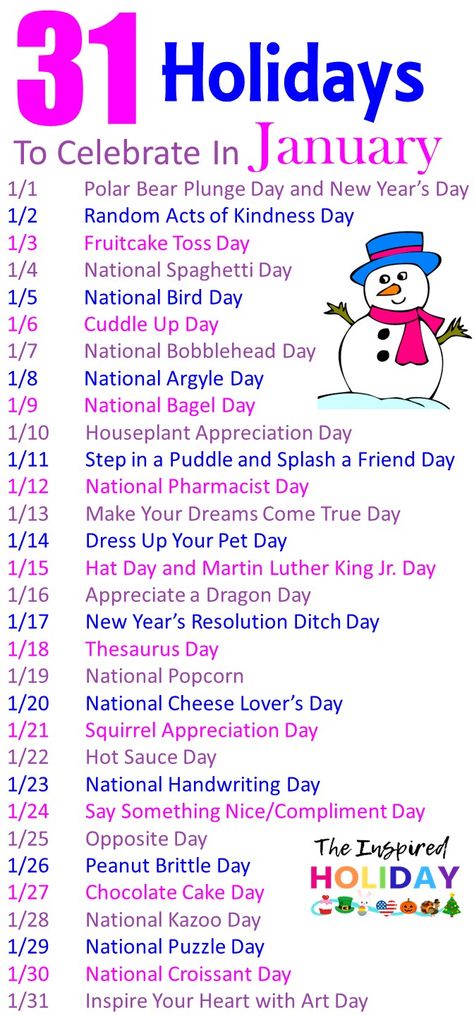 31 Holidays to celebrate in January. Make January even more festive with these wacky and silly #thingstodoinjanuary #januaryholidays #wackyholidays January Holidays Calendar, January Activities For Senior Citizens, January Days To Celebrate, January 1st Traditions, Daily Holidays Calendar, National Days In January 2024, 2023 Holiday Calendar, Ways To Celebrate January, January Post Ideas