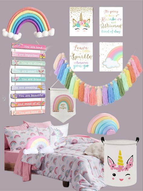 Rainbow unicorn bedroom girls decor Rainbow Theme Room Bedrooms, Rainbow Unicorn Bedroom Ideas, Girls Unicorn Bedroom Ideas, Unicorn And Rainbow Bedroom, Rainbow Unicorn Bedroom, Rainbow Unicorn Room, Girls Unicorn Bedroom, Unicorn Themed Room, Unicorn Girls Room