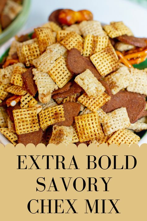 EXTRA-BOLD SAVORY CHEX MIX Bold Chex Mix Recipe, Savory Chex Mix Recipes, Savory Chex Mix, Savory Chex, Chex Mix Original, Chex Mix Recipes Original, Original Chex, Party Mix Recipe, Puppy Chow Chex Mix Recipe