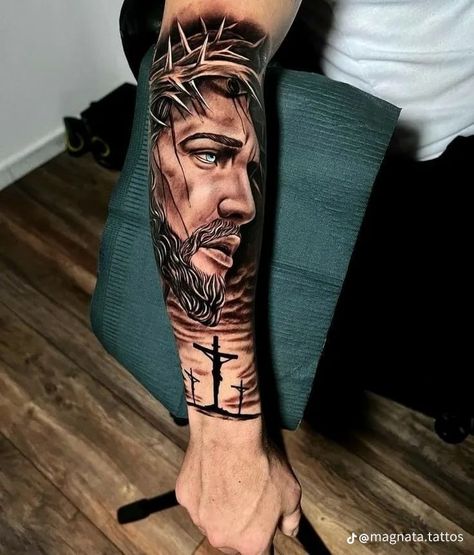 Jesus Tattoo Men, Tattoo Jesus Cristo, Jesus Forearm Tattoo, Jesus Tattoo Ideas, Hispanic Tattoos, Rip Tattoos For Dad, Jesus Tattoo Sleeve, Tiger Hand Tattoo, Jesus Christ Tattoo