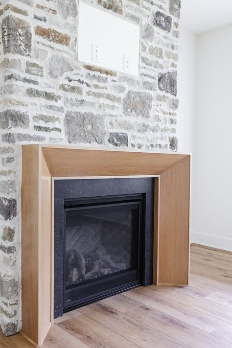 Wood Framed Fireplace Surround, Fireplace Cover Brick, Waterfall Fireplace Mantle, Diy Modern Fireplace Surround, Unique Fireplace Ideas, Modern Traditional Fireplace, Wood Fireplace Surround, Fireplace Area, Wood Fireplace Surrounds