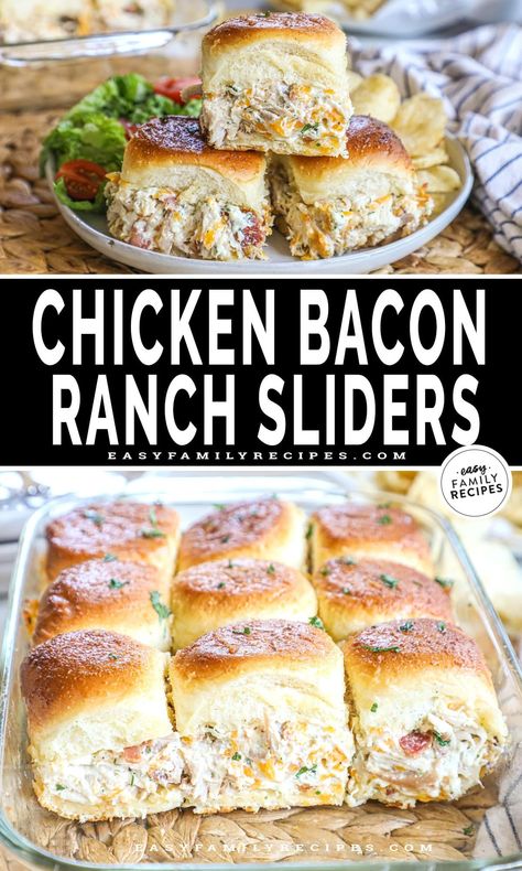 Chicken Bacon Ranch Sliders · Easy Family Recipes Chicken Bacon Ranch Sliders, Bacon Ranch Sliders, Ranch Sliders, Chicken Bacon Ranch Sandwich, Chicken Sliders, Mini Sandwiches, Cooking Chicken To Shred, Hawaiian Rolls, Easy Weeknight Dinner