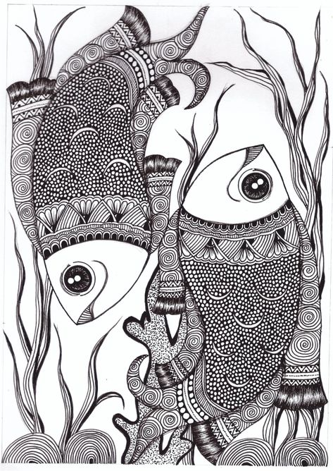 Buddha Doodle Art, Fish Mandala Art, Fish Doodle Art, Fish Design Drawing, Jharokha Painting, Mandala Drawing For Beginners, Fishes Drawing, Zentangle Animals Art, Fish Doodle