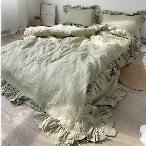 Set of 3 Sage Green Ruffled Linen Duvet Cover with 2  Pillowcases, Custom linen bedding by LinenLegend on Etsy Sage Bed Sheets Aesthetic, Linen Ruffle Bedding, Green Ruffle Bedding, Green Pillows Bedroom, Sage Green Sheets, Sage Green Duvet, Sage Green Bedding, Feminine Bedding, Ruffled Bedding