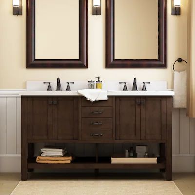 60-in Bathroom Vanities at Lowes.com Double Sink Bathroom Ideas Modern, Cheap Bathroom Makeover, Bathroom Double Sink, Brown Bathroom Vanity, Cream Bathroom, Brown Cabinets, Brown Bathroom, Double Sink Bathroom, Allen Roth