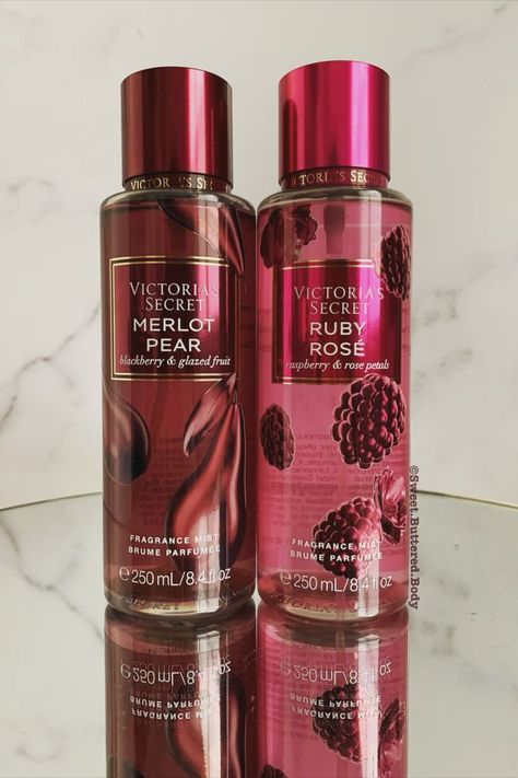 Here are two of the mists I picked up from the Berry Haute Collection. Merlot Pear: lush blackberry, crisp pear, satin woods Ruby Rosé: sparkling raspberry, velvet rose, red plum Blackberry Crisp, Victoria Secret Body Spray, Velvet Rose, Red Plum, Shower Skin Care, Victoria Secret Perfume, Perfume Lover, Body Care Routine, Perfume Collection