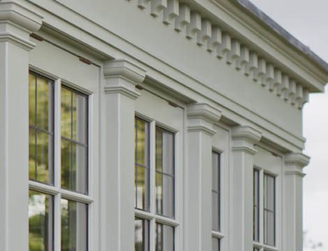 Dentil Moulding And Timber Columns Complete The Look Dentil Moulding Exterior, Orangery Conservatory, Farmhouse Colonial, Conservatory Interior, Screened Porch Designs, Dentil Moulding, Sunroom Addition, Garden Houses, Sunroom Designs