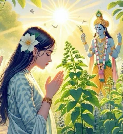 Krishna With Girl Devotee, Rhada Krishna, Tulsi Pooja, Krishna Sakhi, Krishna Devotee, Pokémon Star, Tulsi Plant, Naruto Painting, Goddess Of Wealth