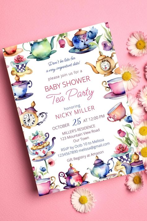 Alice in wonderland baby shower tea party template invitation instant download tea cups and pots Alice In Wonderland Tea Party Baby Shower Ideas, Alice In Wonderland Themed Baby Shower Ideas, Alice In Wonderland Baby Shower Theme, Alice In Wonderland Baby Shower Ideas, Flower Watch, Tea Party Invitations, Baby Shower Tea, Tea Party Bridal Shower, Personalized Napkins